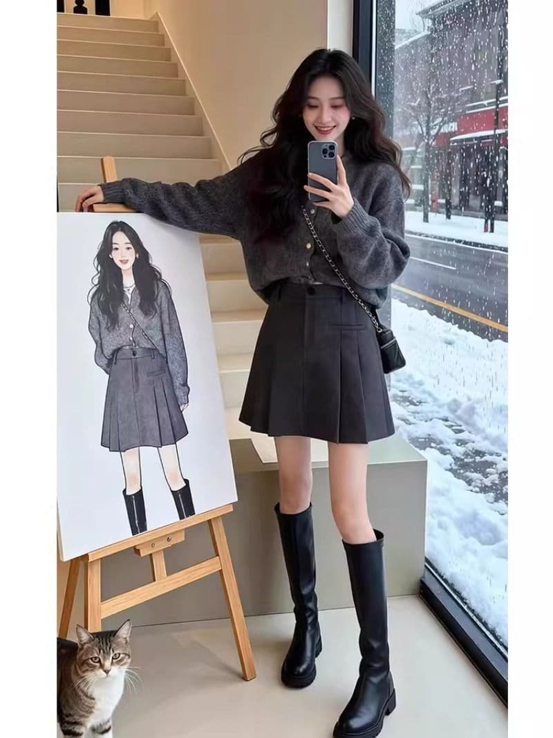 빅 사이즈 고급 센스 회색 두꺼운 모직 반신 스커트 여성 가을 겨울 의류 지방 mm 하이웨이스트 슬림해 보이는 한 마디 플리츠 미니 스커트 상세 이미지 3