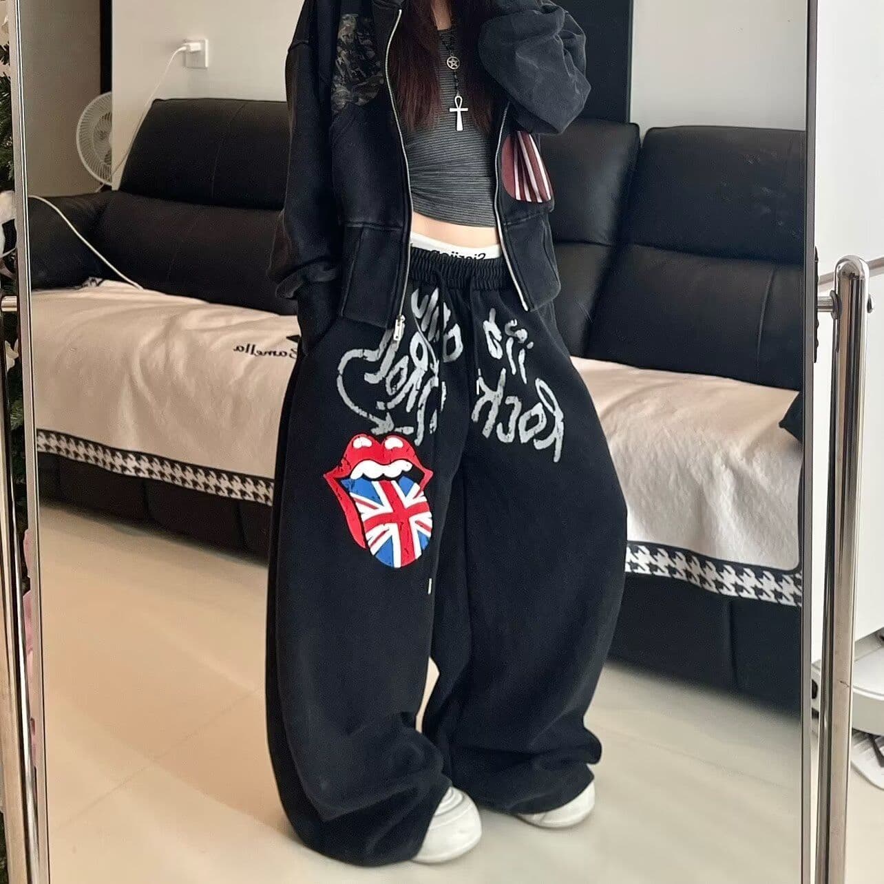 아메리칸 조수 브랜드 큰 혀 알파벳 캐주얼 웨이 바지 여성 루즈핏 넓은 다리 도루 센스 바닥 청소 긴 바지 이미지 4