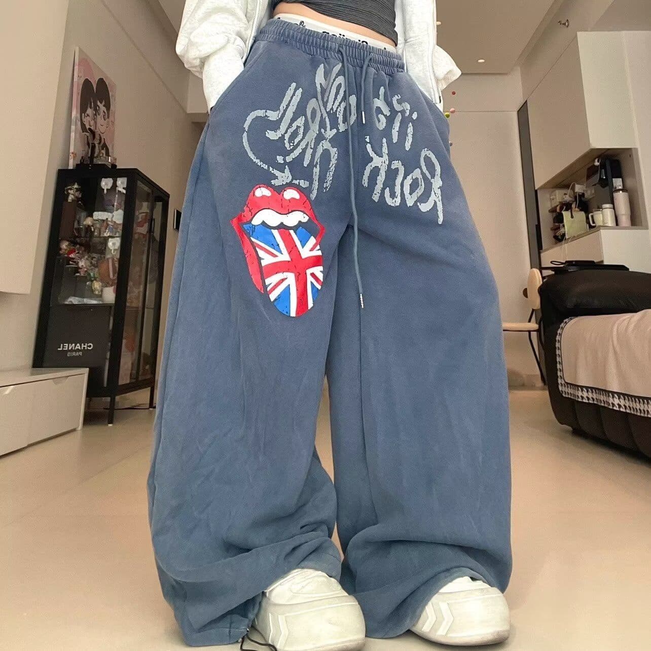 아메리칸 조수 브랜드 큰 혀 알파벳 캐주얼 웨이 바지 여성 루즈핏 넓은 다리 도루 센스 바닥 청소 긴 바지 이미지 5