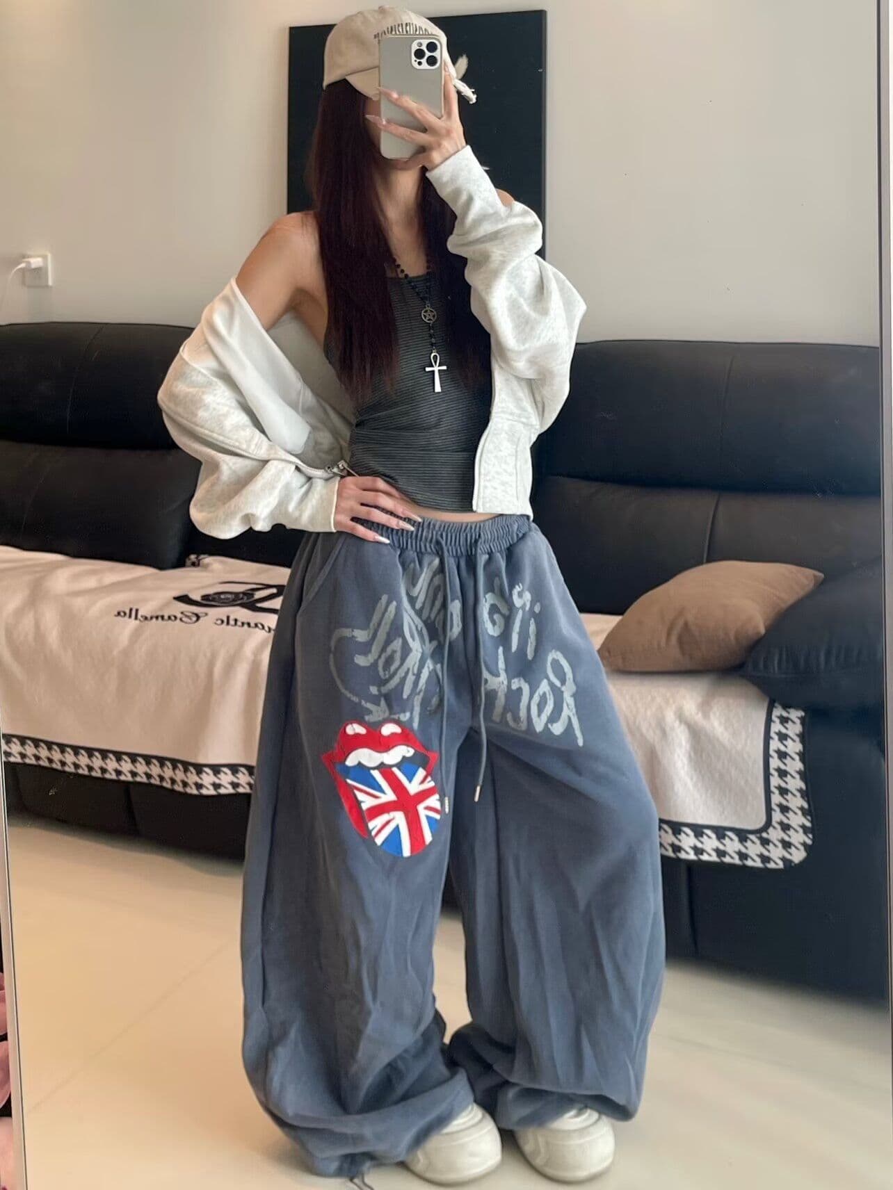 아메리칸 조수 브랜드 큰 혀 알파벳 캐주얼 웨이 바지 여성 루즈핏 넓은 다리 도루 센스 바닥 청소 긴 바지 상세 이미지 10