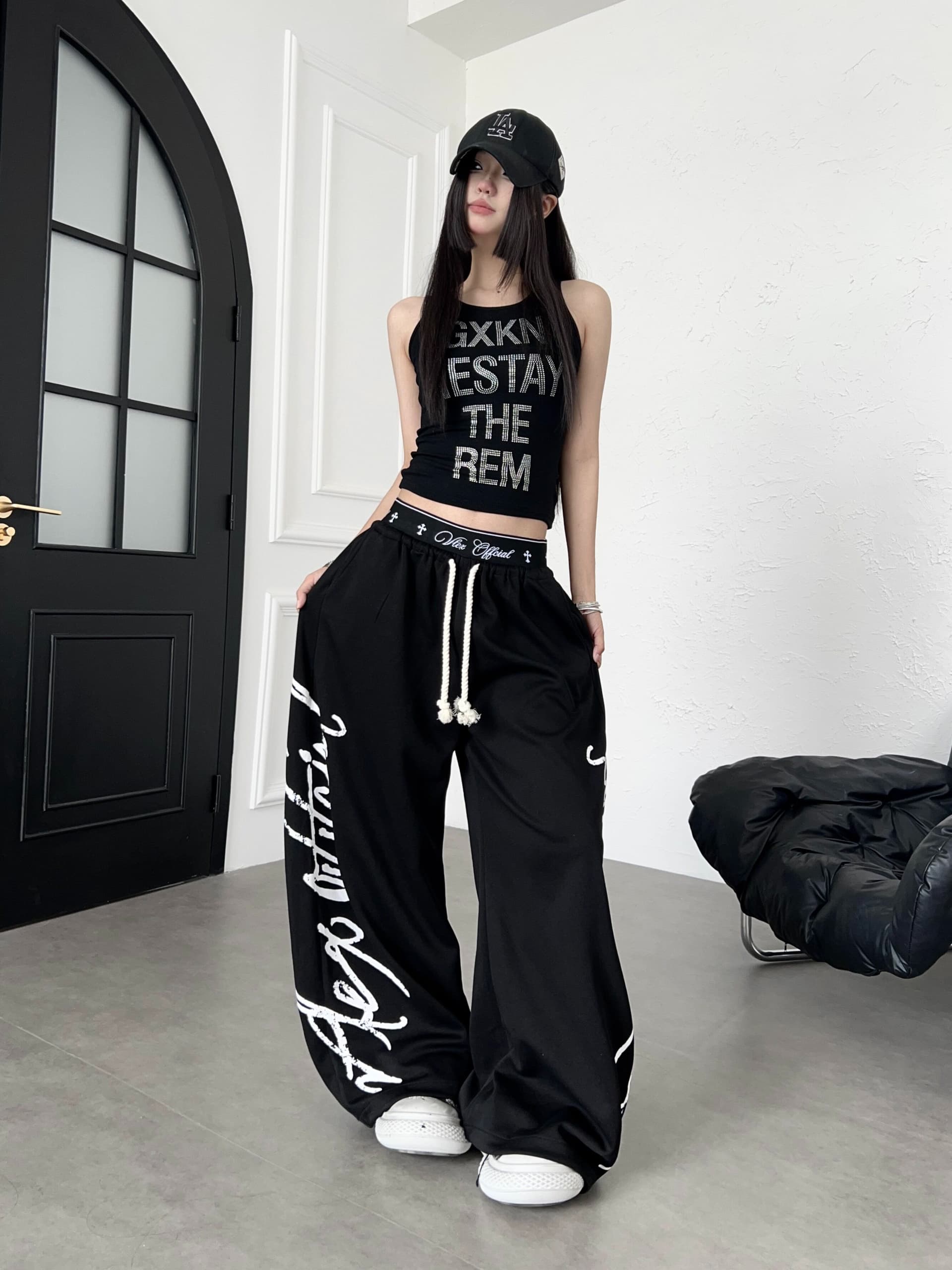 순면 복합 리브 허리 머리 패치워크 알파벳 프린트 캐주얼 웨이 바지 도루 센스 바닥 청소 운동 춤추기 롱 바지 상세 이미지 29
