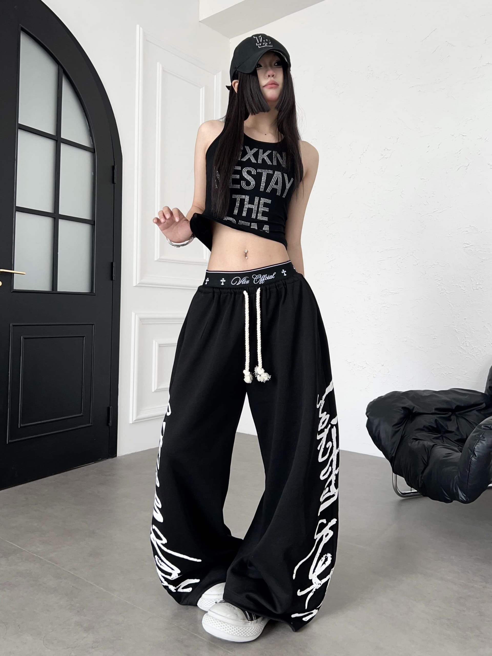 순면 복합 리브 허리 머리 패치워크 알파벳 프린트 캐주얼 웨이 바지 도루 센스 바닥 청소 운동 춤추기 롱 바지 상세 이미지 31