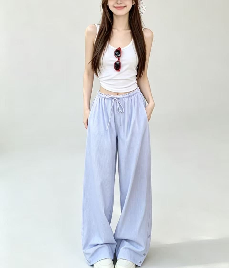 파란색 스트라이프 넓은 다리 캐주얼 바지 여성 2026 년 가을 여름 새로운 고급 도루 센스 느긋한 바람 스트레이트 운동 바지 상세 이미지 16