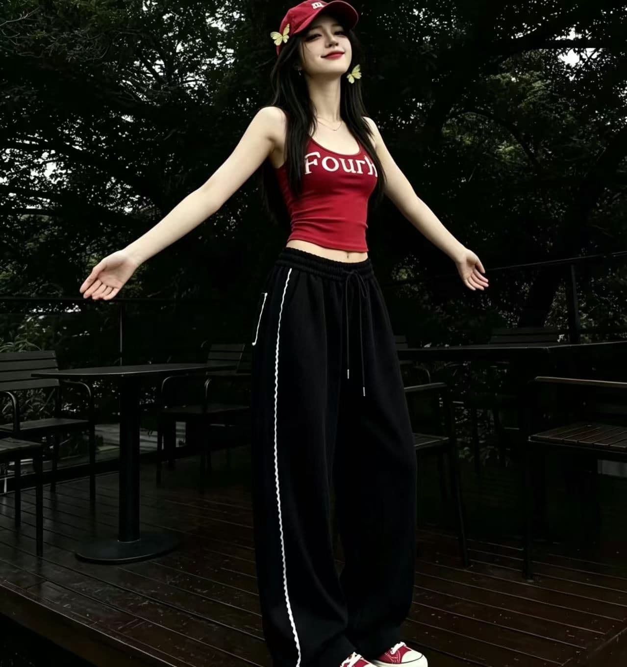 2026 검정색 다용도 캐주얼 여성 레이스 조각 가을 봄 새로운 출퇴근 펌프 로프 루즈핏 아메리칸 넓은 다리 길이 바지 상세 이미지 1