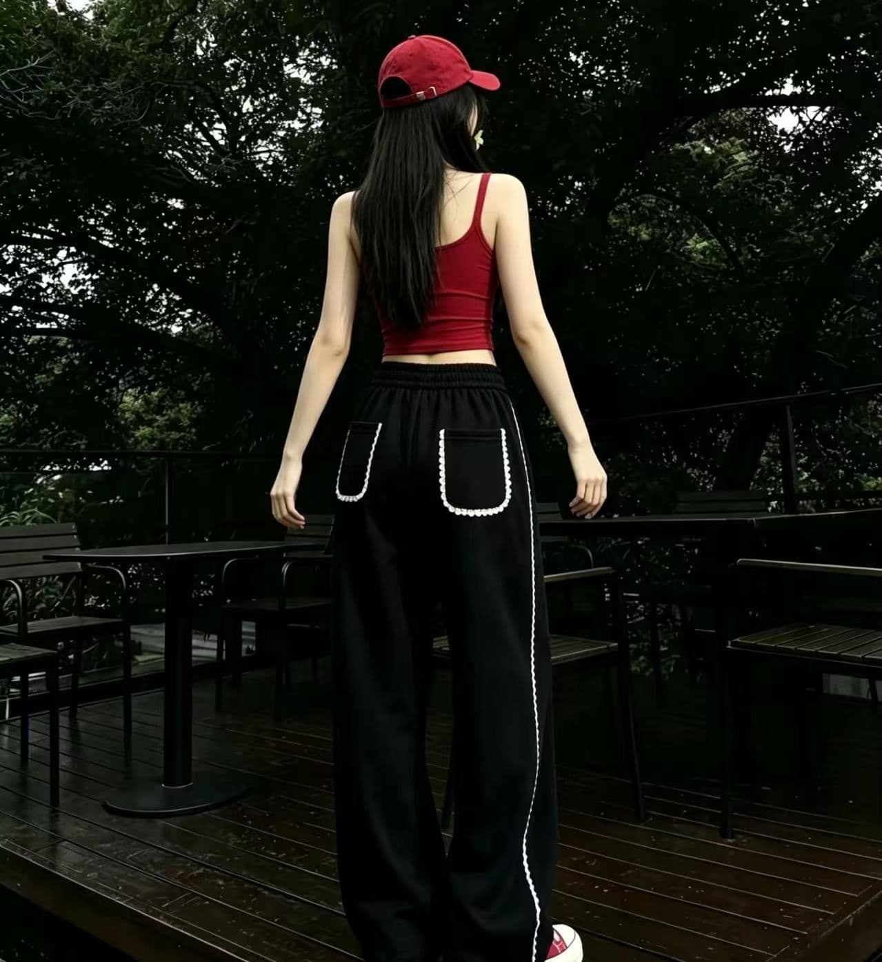2026 검정색 다용도 캐주얼 여성 레이스 조각 가을 봄 새로운 출퇴근 펌프 로프 루즈핏 아메리칸 넓은 다리 길이 바지 상세 이미지 2