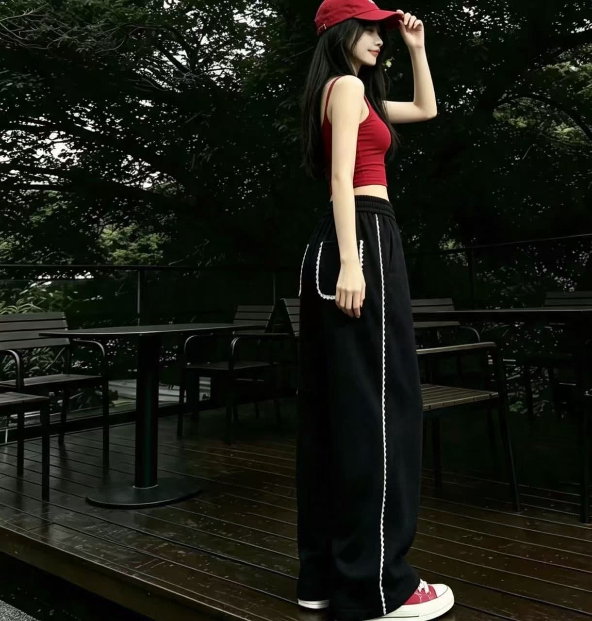 2026 검정색 다용도 캐주얼 여성 레이스 조각 가을 봄 새로운 출퇴근 펌프 로프 루즈핏 아메리칸 넓은 다리 길이 바지 상세 이미지 3