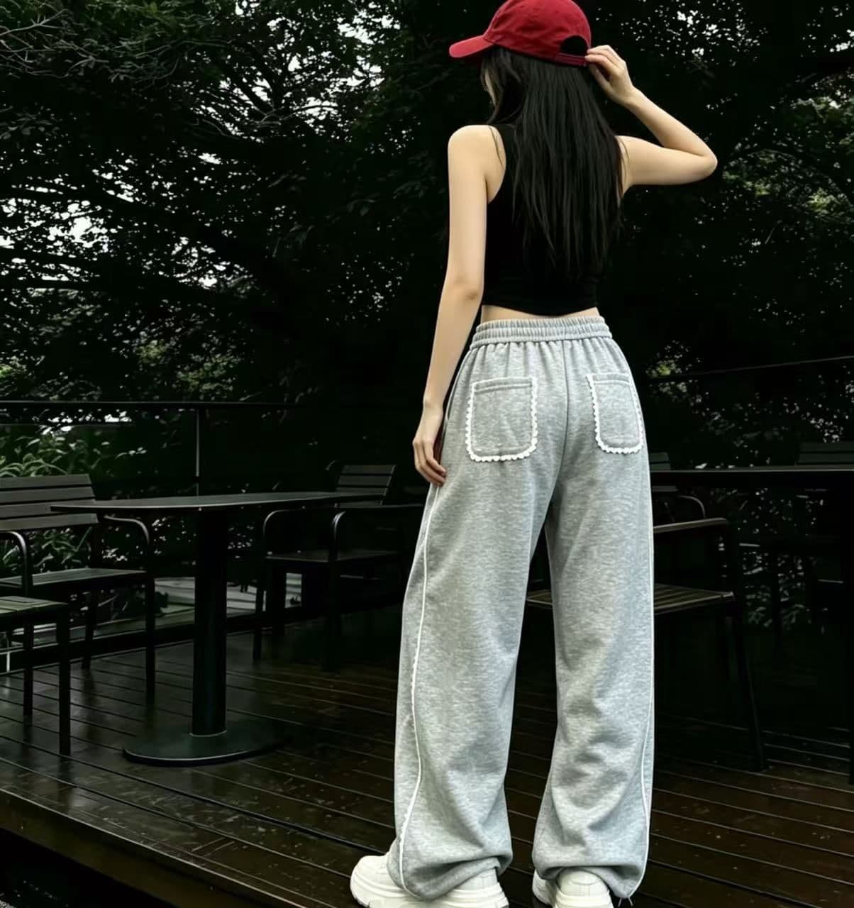 2026 검정색 다용도 캐주얼 여성 레이스 조각 가을 봄 새로운 출퇴근 펌프 로프 루즈핏 아메리칸 넓은 다리 길이 바지 상세 이미지 8
