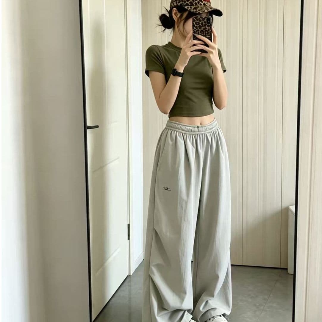웃음 하 ins 인터넷 유명인 레트로 아메리칸 느긋한 바람 스트리트 댄스 넓은 다리 루즈핏 빅 사이즈 운동 캐주얼 바닥 청소 웨이 바지 트렌디
