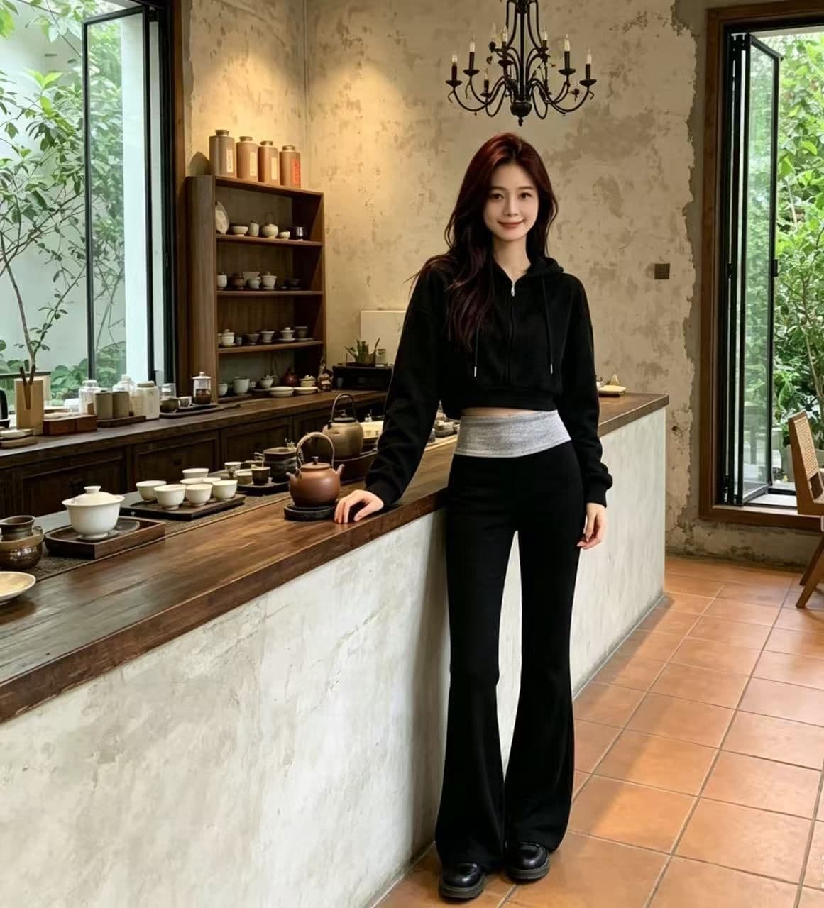 검정색 배색 패치워크 마이크로 플레어 바지 2026 년 새로운 하이웨이스트 도루 센스 캐주얼 다용도 웨이 바지 호스 슈 바지 트렌디 상세 이미지 2