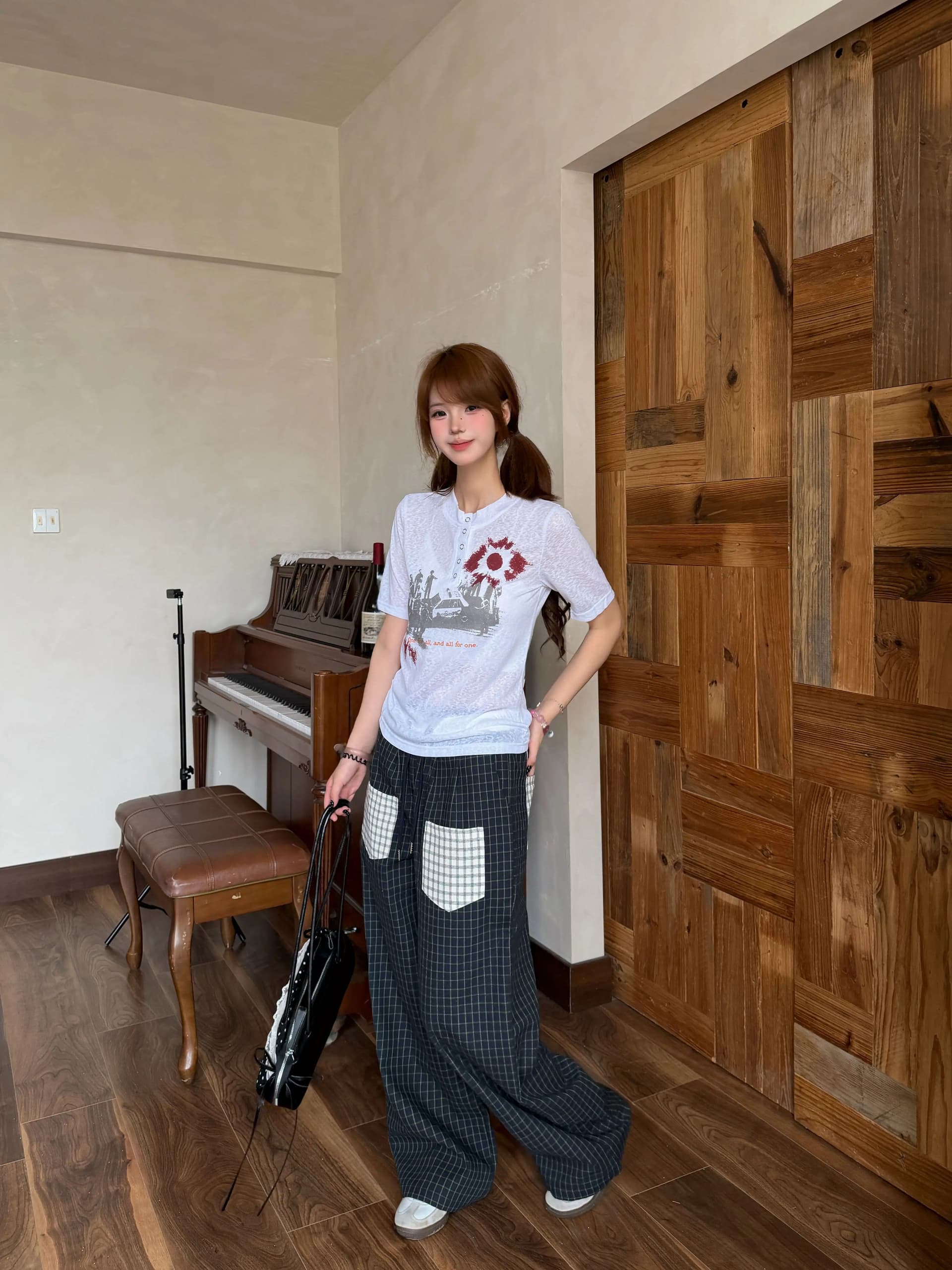 원본 천 복합 패치 주머니 체크무늬 바지 남녀 스트레이트 루즈핏 운동 느긋한 커플 캐주얼 긴 바지 상세 이미지 11