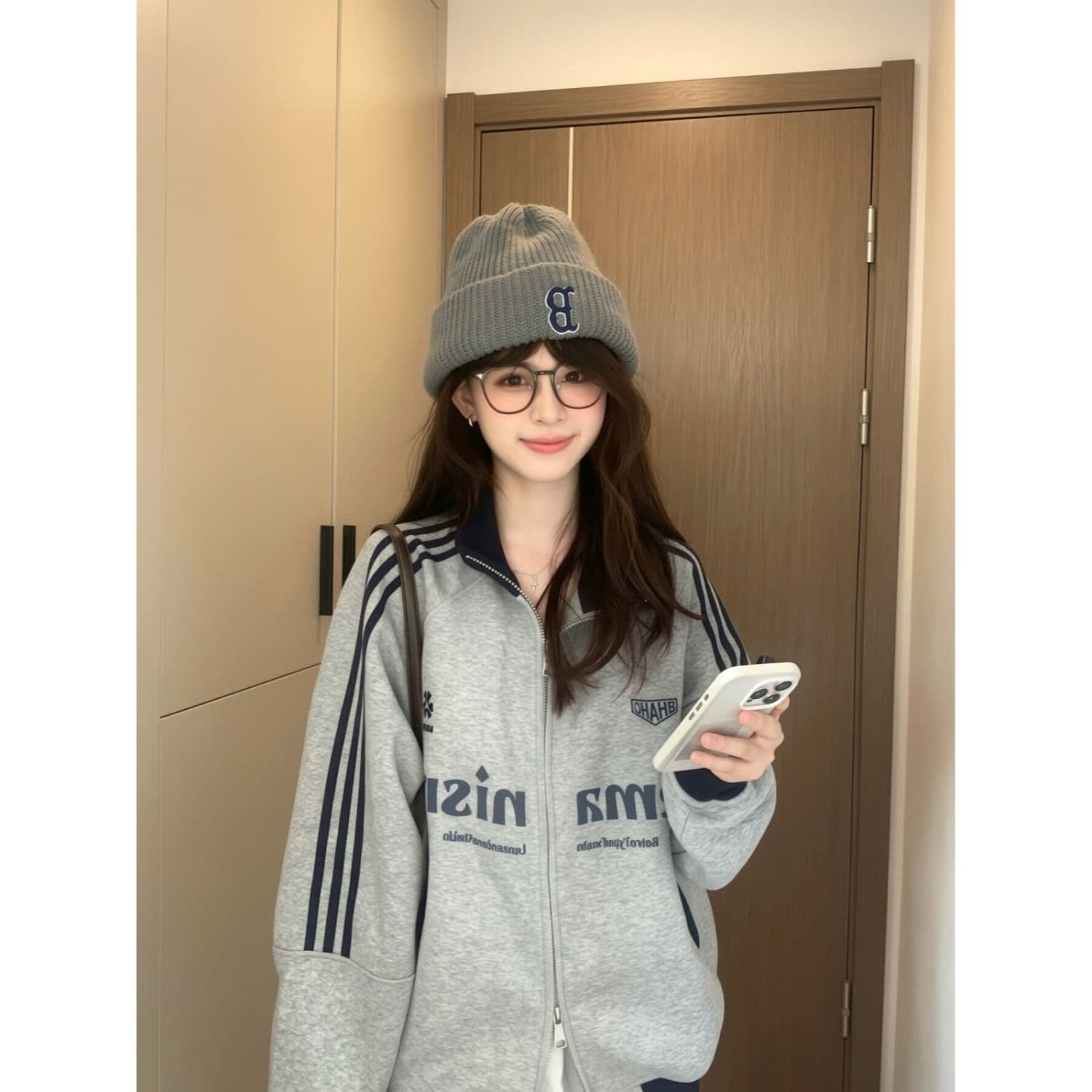 아메리칸 음악 만 레트로 패치워크 배색 3개 바 스탠드 칼라 후드티 재킷 남녀 봄 가을 느긋한 하라주쿠 맨위 이미지 2