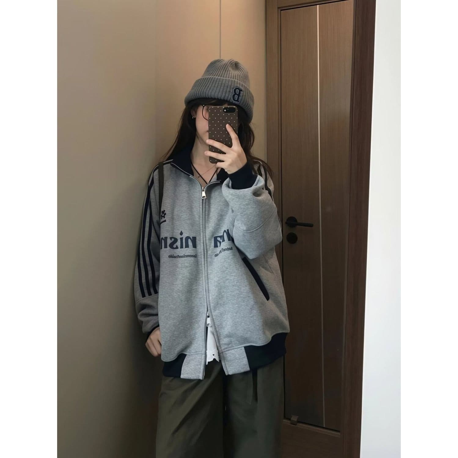 아메리칸 음악 만 레트로 패치워크 배색 3개 바 스탠드 칼라 후드티 재킷 남녀 봄 가을 느긋한 하라주쿠 맨위 이미지 3