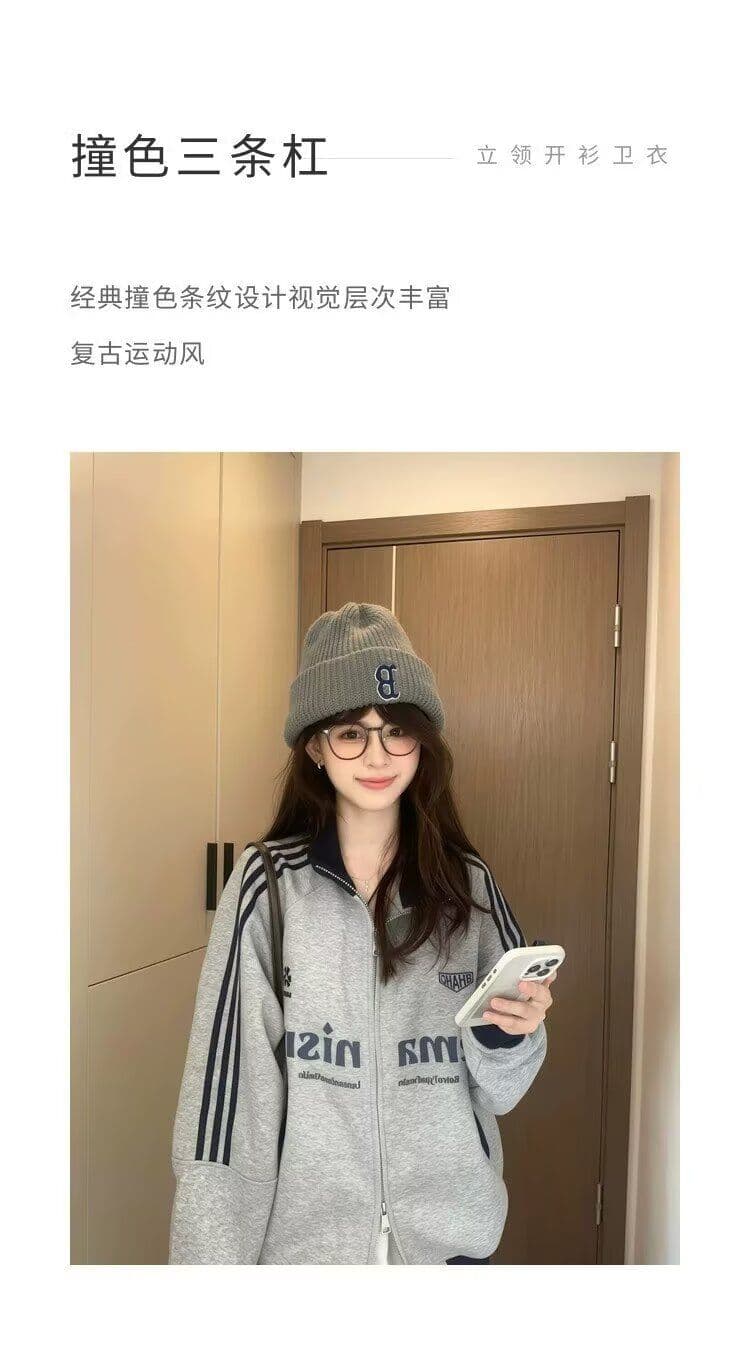 아메리칸 음악 만 레트로 패치워크 배색 3개 바 스탠드 칼라 후드티 재킷 남녀 봄 가을 느긋한 하라주쿠 맨위 상세 이미지 6
