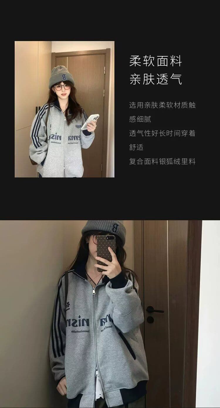 아메리칸 음악 만 레트로 패치워크 배색 3개 바 스탠드 칼라 후드티 재킷 남녀 봄 가을 느긋한 하라주쿠 맨위 상세 이미지 8