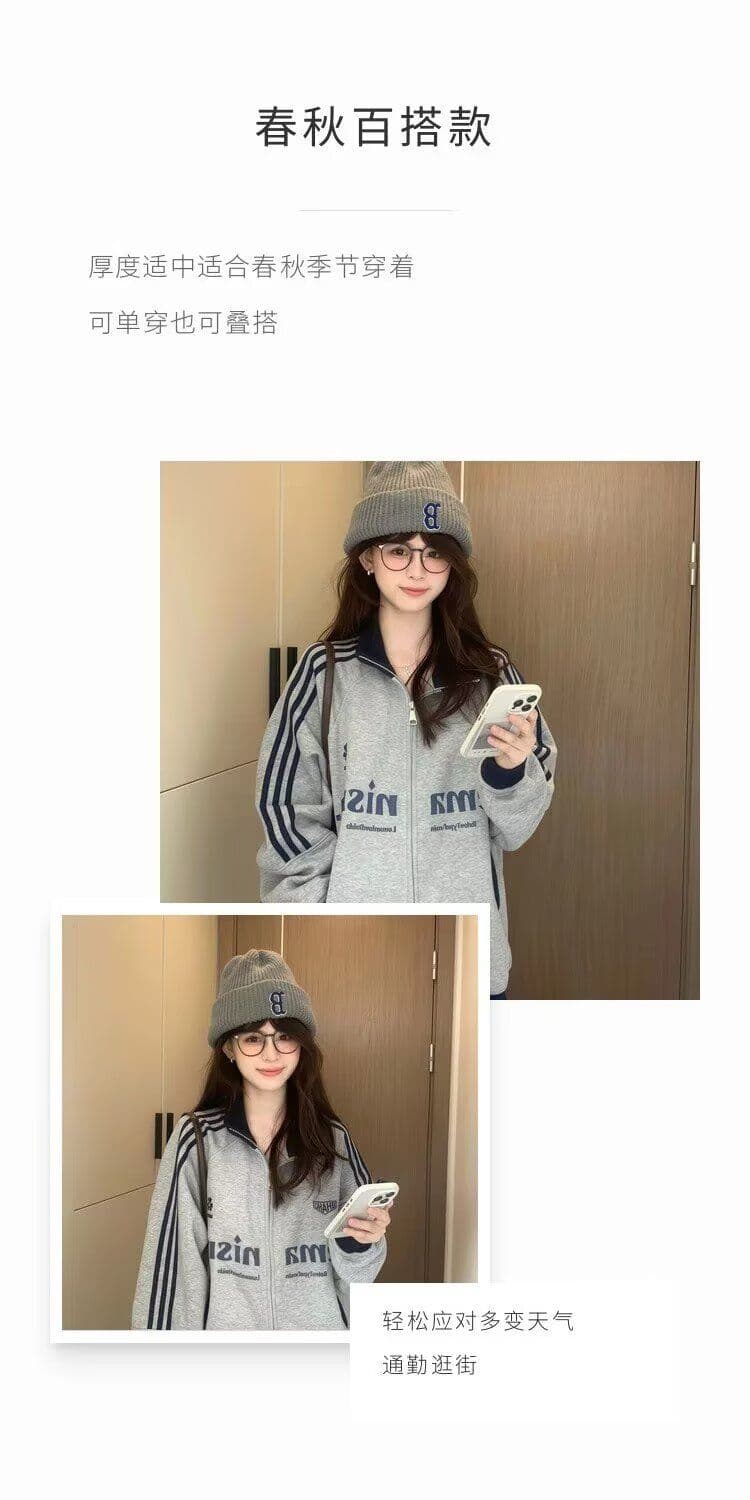 아메리칸 음악 만 레트로 패치워크 배색 3개 바 스탠드 칼라 후드티 재킷 남녀 봄 가을 느긋한 하라주쿠 맨위 상세 이미지 9