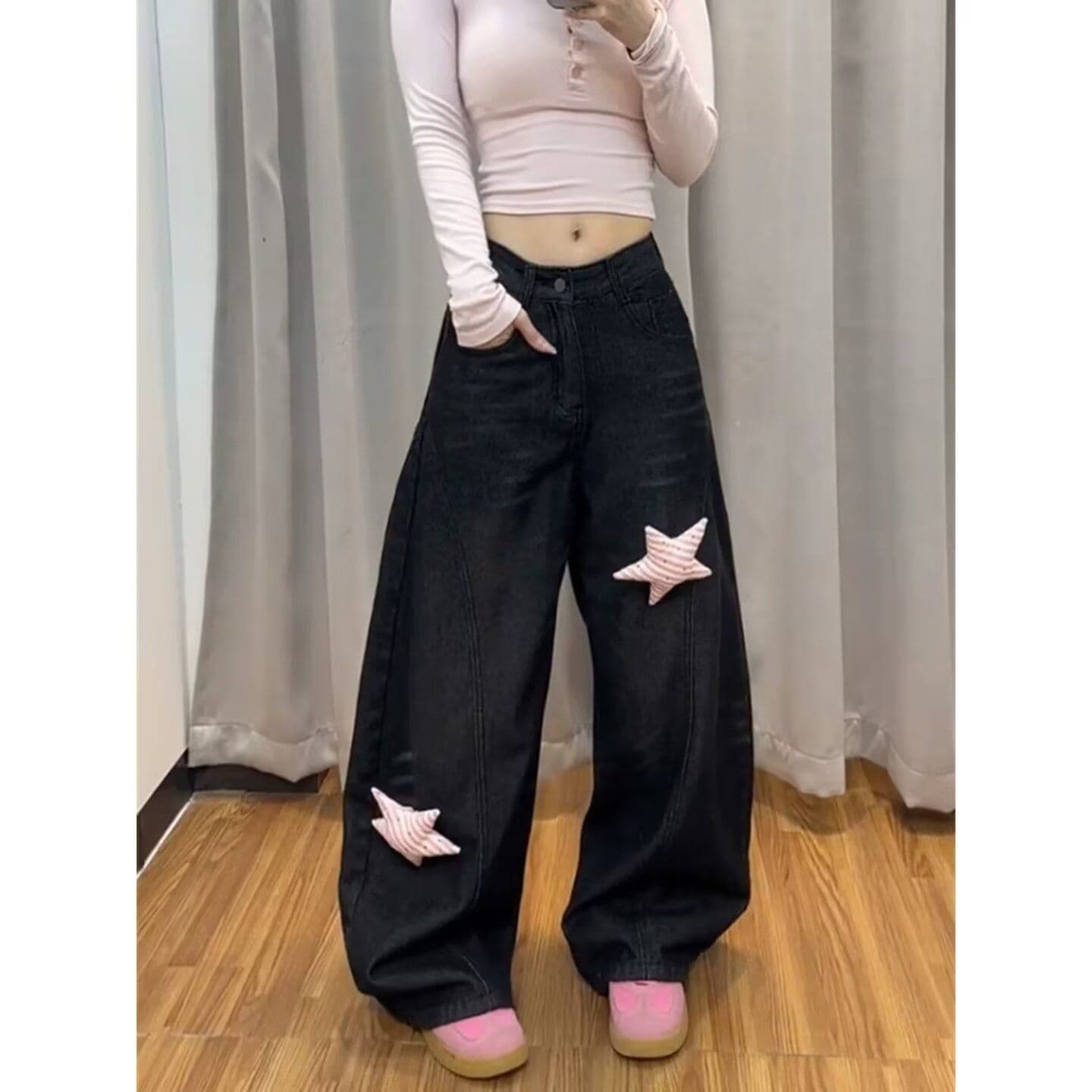 느긋한 익스트림 트렌디 도움말 하라주쿠 인기 다용도 디자인 센스 청바지 여성 문예 패션 일본식 품격 롱 바지 이미지 3