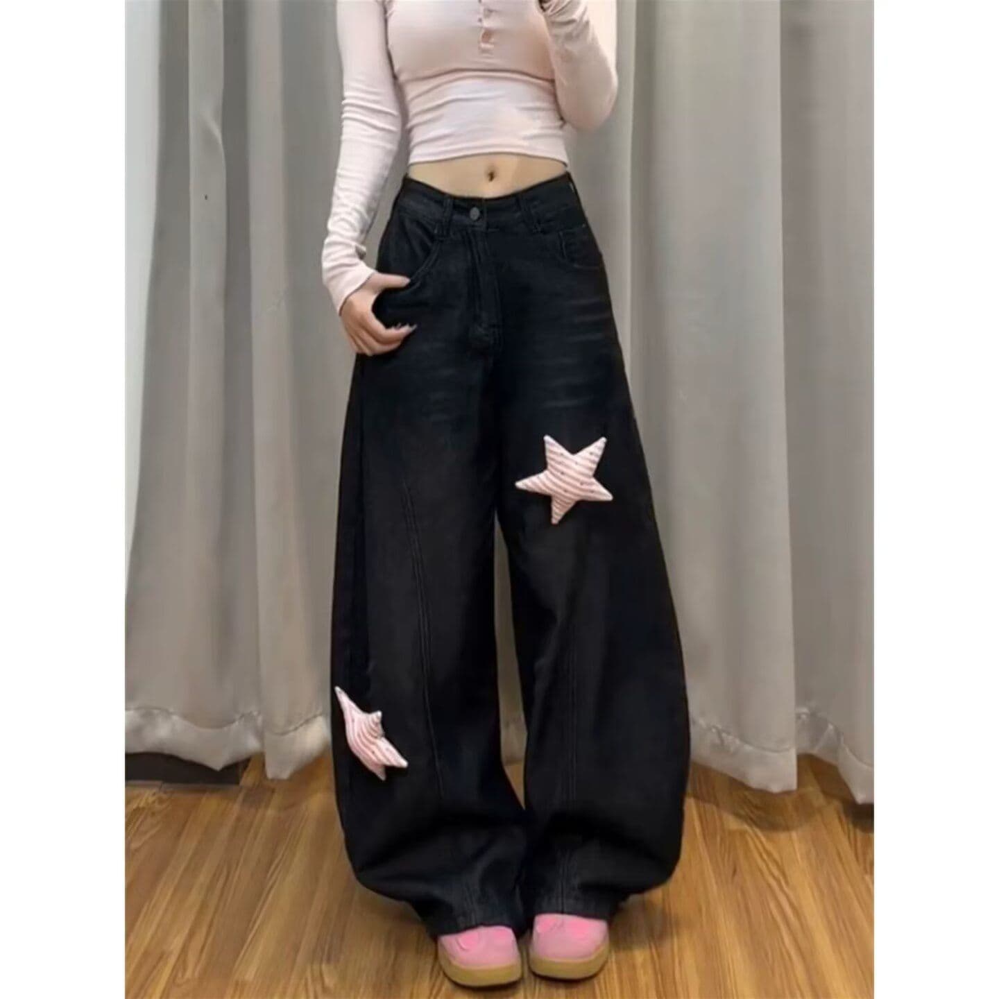 느긋한 익스트림 트렌디 도움말 하라주쿠 인기 다용도 디자인 센스 청바지 여성 문예 패션 일본식 품격 롱 바지 상세 이미지 2