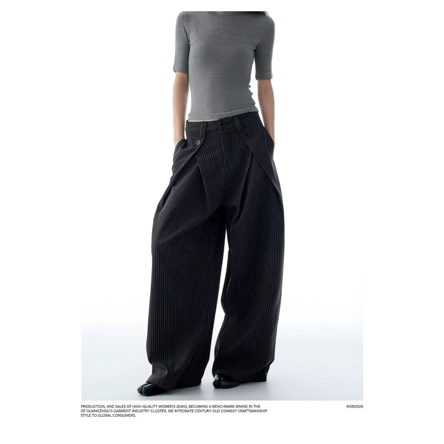 트렌드 하라주쿠 아메리칸 레트로 스트라이프 더블 Pleat 도루 센스 캐주얼 바지 남녀 루즈핏 느슨함 센스 한 마디 넓은 다리 슬랙스 이미지 3