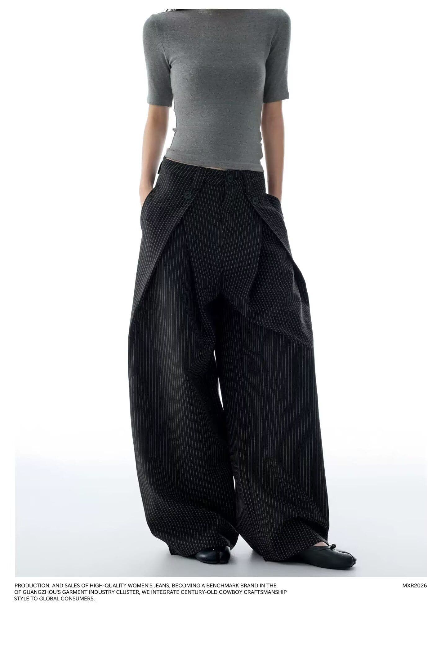 트렌드 하라주쿠 아메리칸 레트로 스트라이프 더블 Pleat 도루 센스 캐주얼 바지 남녀 루즈핏 느슨함 센스 한 마디 넓은 다리 슬랙스 상세 이미지 5