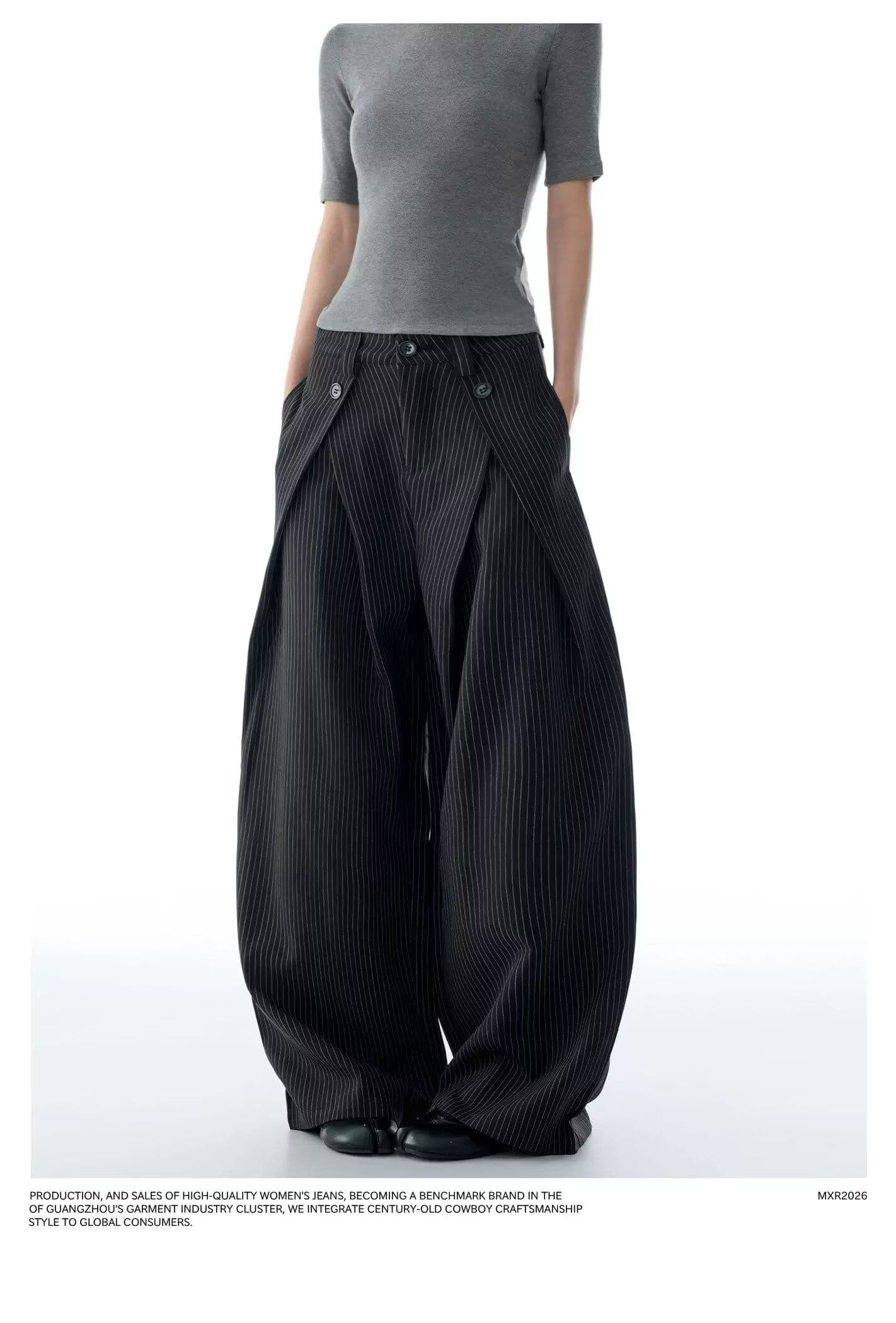 트렌드 하라주쿠 아메리칸 레트로 스트라이프 더블 Pleat 도루 센스 캐주얼 바지 남녀 루즈핏 느슨함 센스 한 마디 넓은 다리 슬랙스 상세 이미지 7