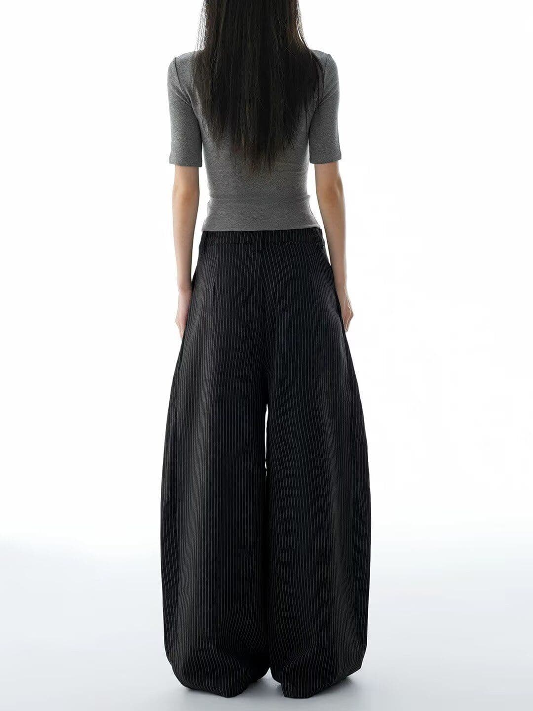 트렌드 하라주쿠 아메리칸 레트로 스트라이프 더블 Pleat 도루 센스 캐주얼 바지 남녀 루즈핏 느슨함 센스 한 마디 넓은 다리 슬랙스 상세 이미지 10