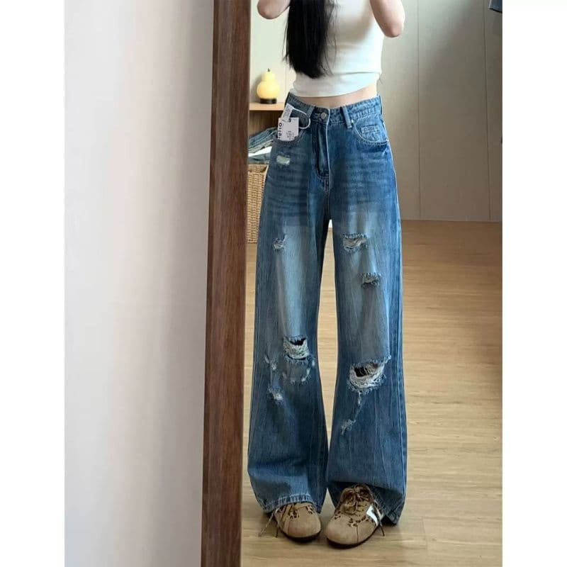 레트로 높음 거리 찢어진 부분 넓은 다리 파란색 청바지 여성 봄 가을 디자인 센스 하이웨이스트 루즈핏 슬림해 보이는 스트레이트 청바지 이미지 5