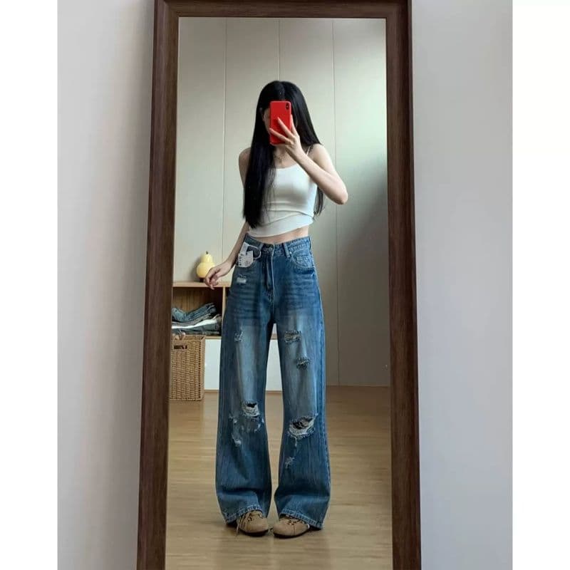 레트로 높음 거리 찢어진 부분 넓은 다리 파란색 청바지 여성 봄 가을 디자인 센스 하이웨이스트 루즈핏 슬림해 보이는 스트레이트 청바지