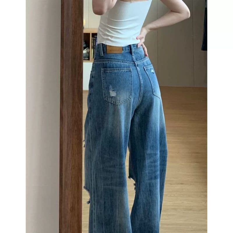 레트로 높음 거리 찢어진 부분 넓은 다리 파란색 청바지 여성 봄 가을 디자인 센스 하이웨이스트 루즈핏 슬림해 보이는 스트레이트 청바지 상세 이미지 3