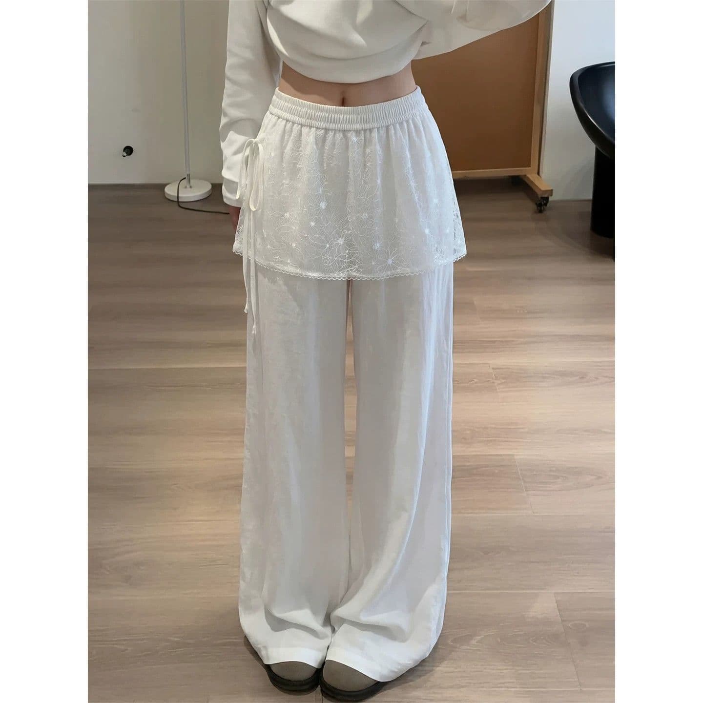 얼음 실크 주름 레이스 레이스 방귀 커튼 바지 여성 2026 이른 가을 자이언트 잘 생긴 ~ 중 와이드 레그 팬츠 도루 가을 센스 긴 바지