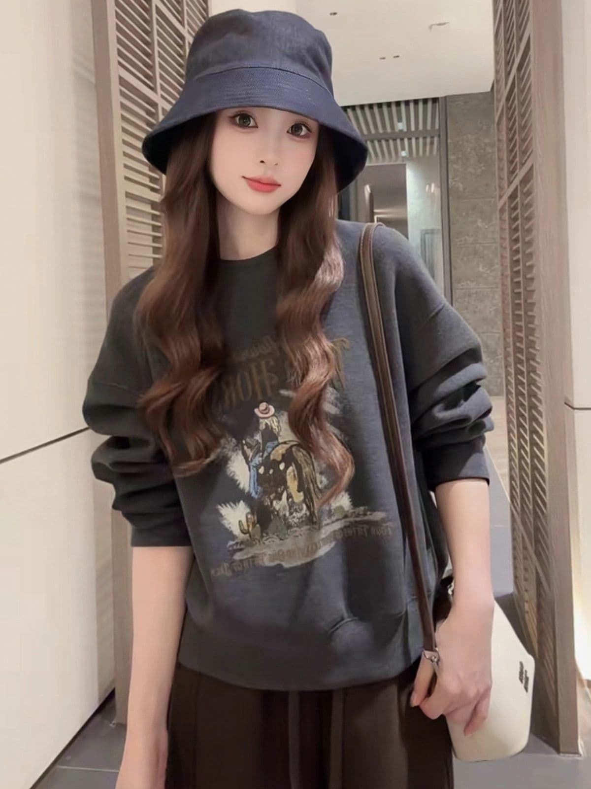 한 부서 패션 레트로 알파벳 프린트 라운드 넥 후드티 여성 가을 겨울 작은 키 다용도 슬림해 보이는 긴팔 없음 모자 의류 상세 이미지 6