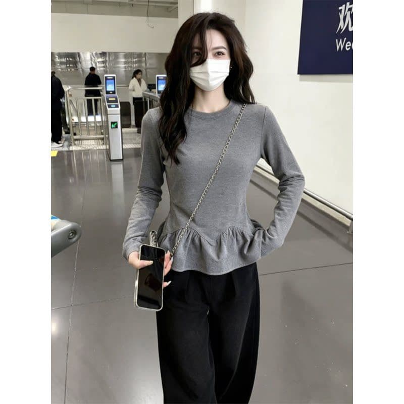 출퇴근 다용도 회색 프릴 기본 셔츠 여성 봄 여름 새로운 긍정적 인 어깨 몸매 가꾸기 슬림해 보이는 긴팔 인사이드 잡아라. 의류