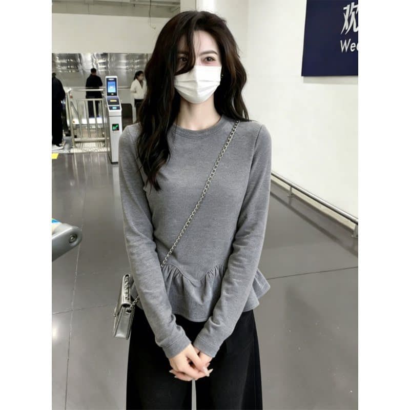 출퇴근 다용도 회색 프릴 기본 셔츠 여성 봄 여름 새로운 긍정적 인 어깨 몸매 가꾸기 슬림해 보이는 긴팔 인사이드 잡아라. 의류 상세 이미지 4