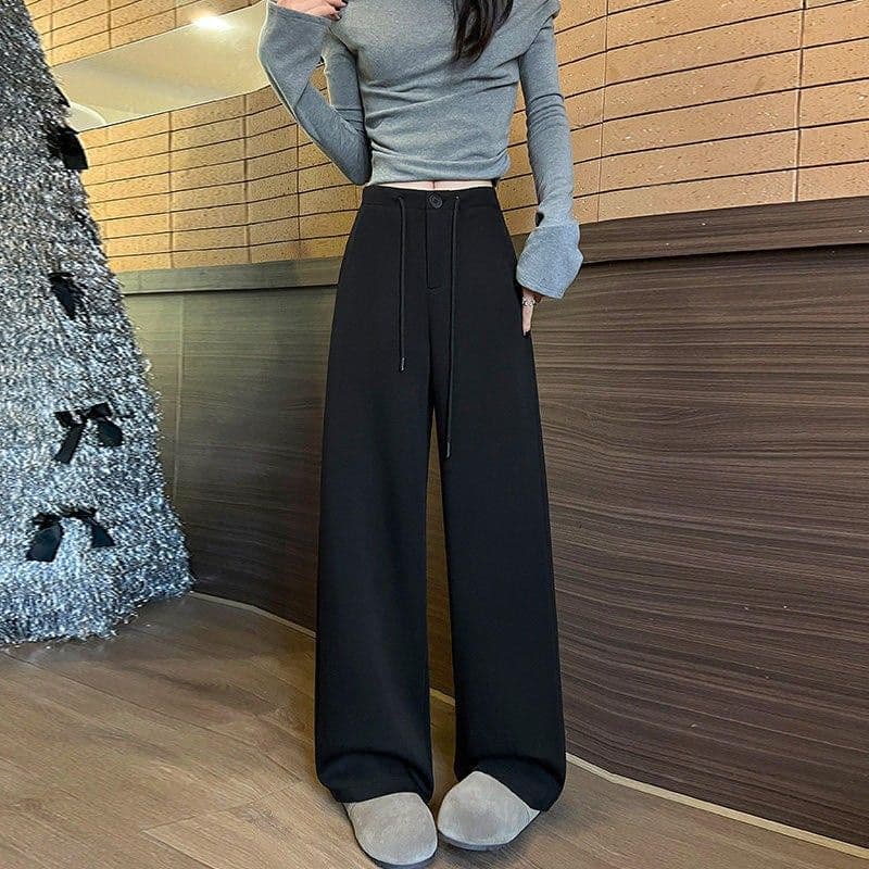 회색 슈퍼 잘 생긴 모통이 칼 운동 바지 여성 봄 가을 느긋한 바람 도루 센스 슬림해 보이는 루즈핏 캐주얼 벽오동 와이드 레그 팬츠 이미지 2