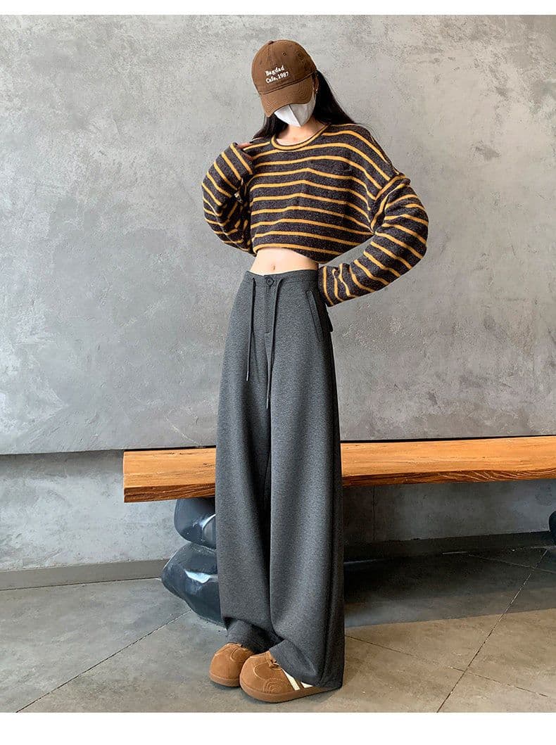 회색 슈퍼 잘 생긴 모통이 칼 운동 바지 여성 봄 가을 느긋한 바람 도루 센스 슬림해 보이는 루즈핏 캐주얼 벽오동 와이드 레그 팬츠 상세 이미지 8