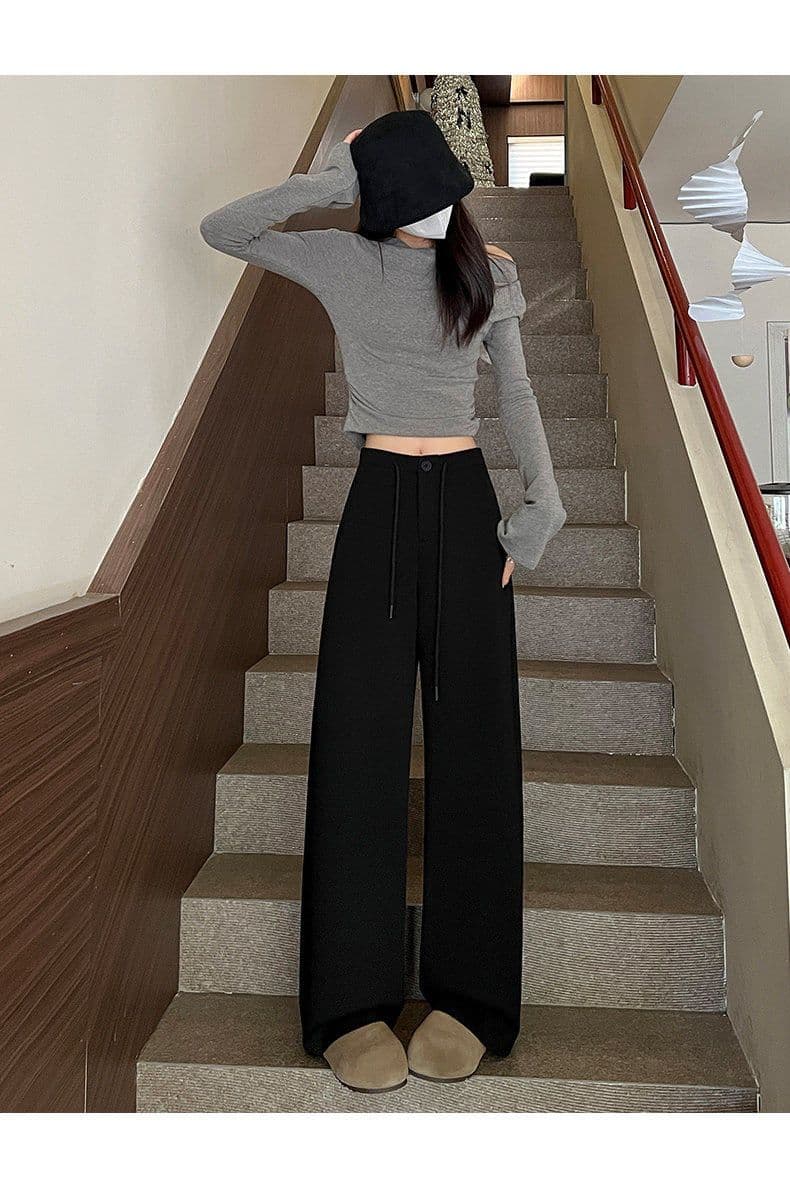회색 슈퍼 잘 생긴 모통이 칼 운동 바지 여성 봄 가을 느긋한 바람 도루 센스 슬림해 보이는 루즈핏 캐주얼 벽오동 와이드 레그 팬츠 상세 이미지 14