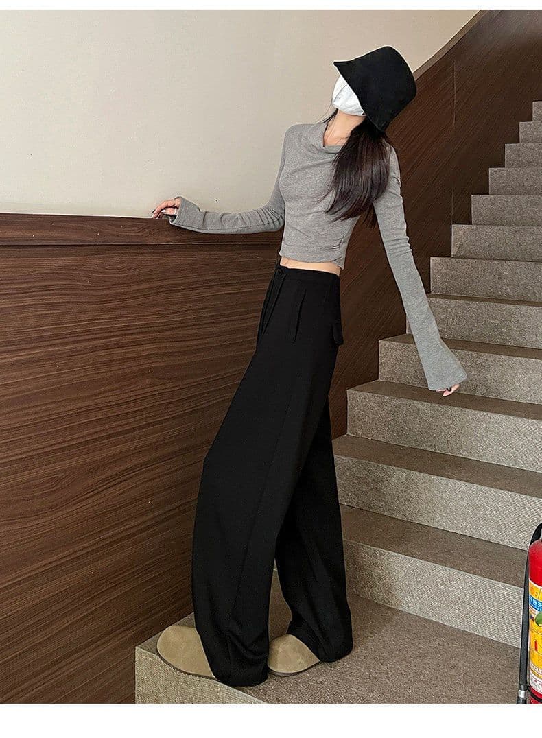 회색 슈퍼 잘 생긴 모통이 칼 운동 바지 여성 봄 가을 느긋한 바람 도루 센스 슬림해 보이는 루즈핏 캐주얼 벽오동 와이드 레그 팬츠 상세 이미지 17