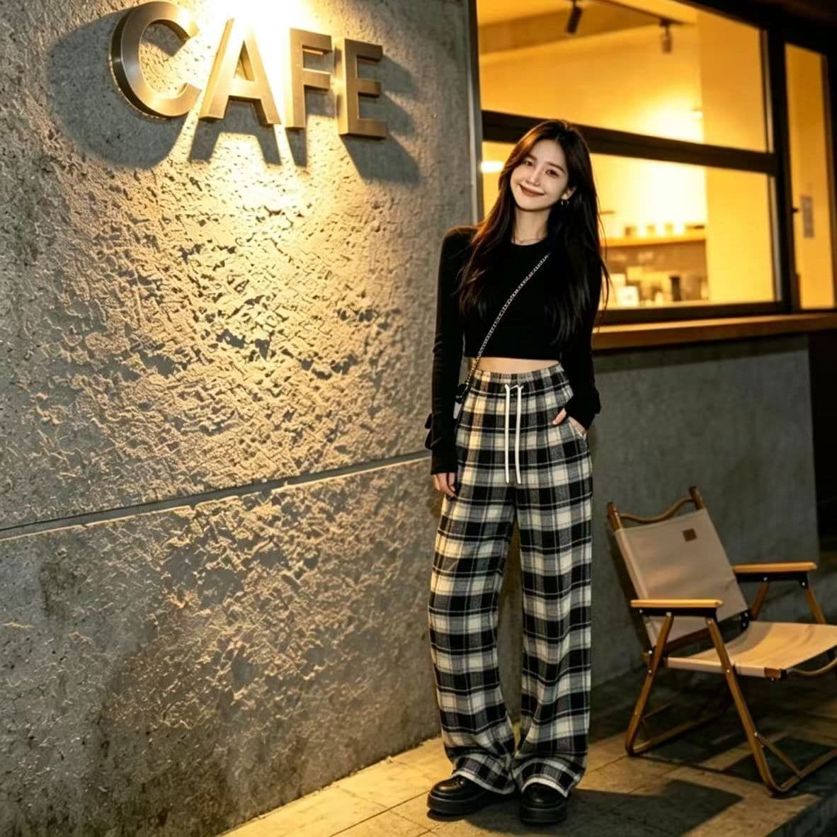 봄 가을 레트로 체크무늬 배색 털 니켈 펌프 로프 캐주얼 바지 여성 한국 스타일 루즈핏 넓은 다리 작은 키 슬림해 보이는 바닥 청소 바지 이미지 2