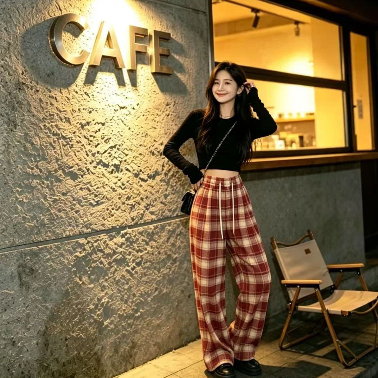봄 가을 레트로 체크무늬 배색 털 니켈 펌프 로프 캐주얼 바지 여성 한국 스타일 루즈핏 넓은 다리 작은 키 슬림해 보이는 바닥 청소 바지