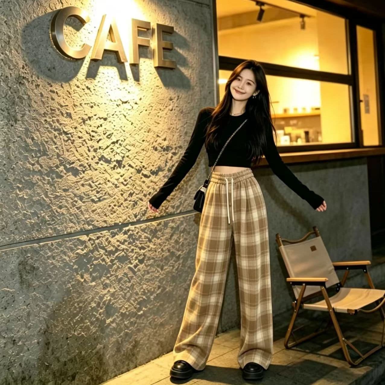 봄 가을 레트로 체크무늬 배색 털 니켈 펌프 로프 캐주얼 바지 여성 한국 스타일 루즈핏 넓은 다리 작은 키 슬림해 보이는 바닥 청소 바지 이미지 5