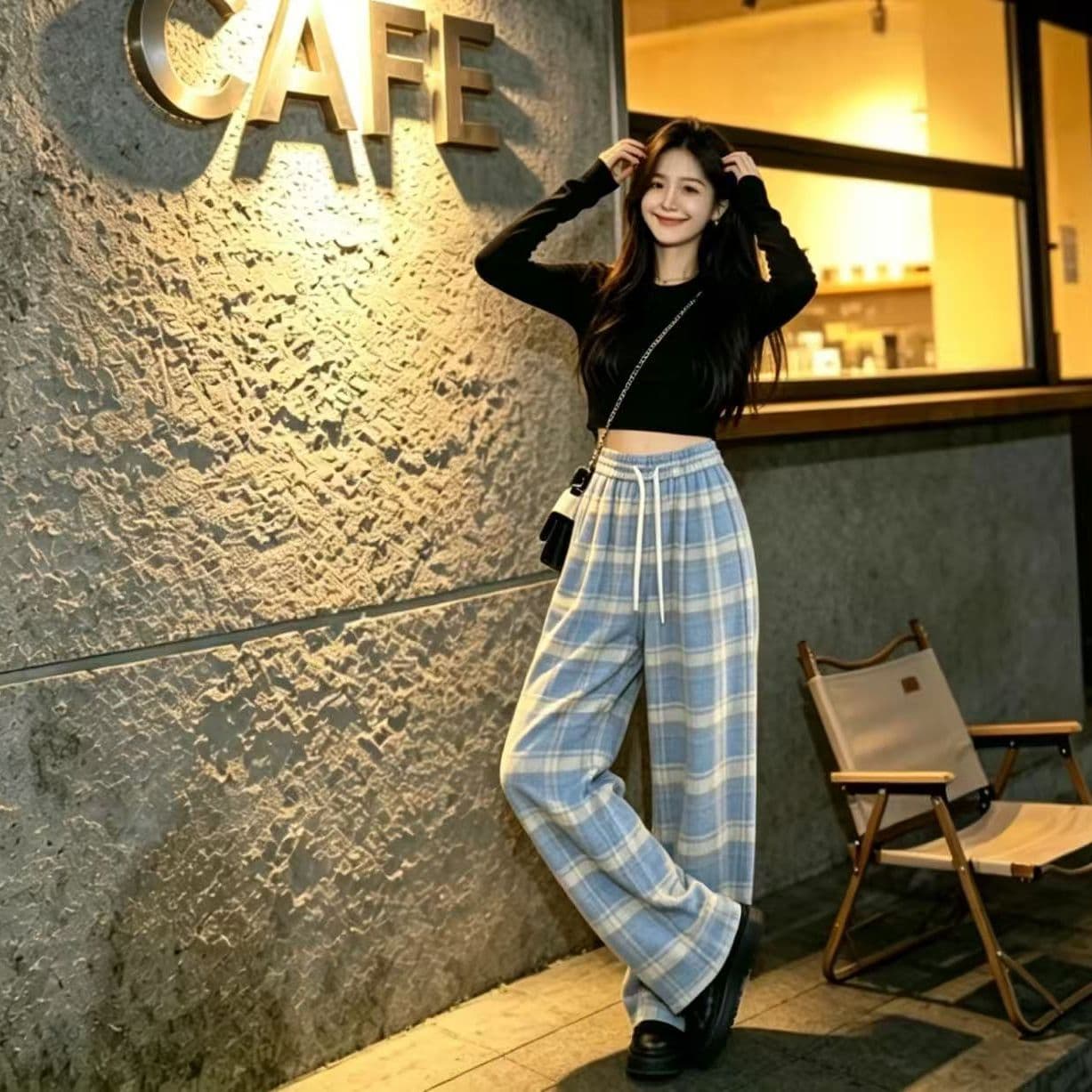 봄 가을 레트로 체크무늬 배색 털 니켈 펌프 로프 캐주얼 바지 여성 한국 스타일 루즈핏 넓은 다리 작은 키 슬림해 보이는 바닥 청소 바지 이미지 3