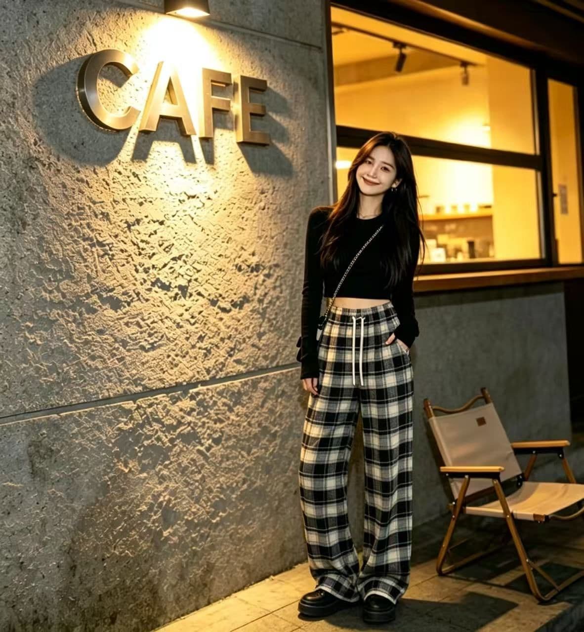 봄 가을 레트로 체크무늬 배색 털 니켈 펌프 로프 캐주얼 바지 여성 한국 스타일 루즈핏 넓은 다리 작은 키 슬림해 보이는 바닥 청소 바지 상세 이미지 1