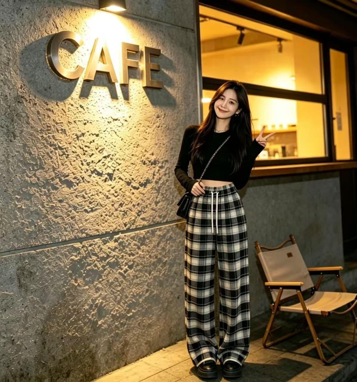봄 가을 레트로 체크무늬 배색 털 니켈 펌프 로프 캐주얼 바지 여성 한국 스타일 루즈핏 넓은 다리 작은 키 슬림해 보이는 바닥 청소 바지 상세 이미지 2