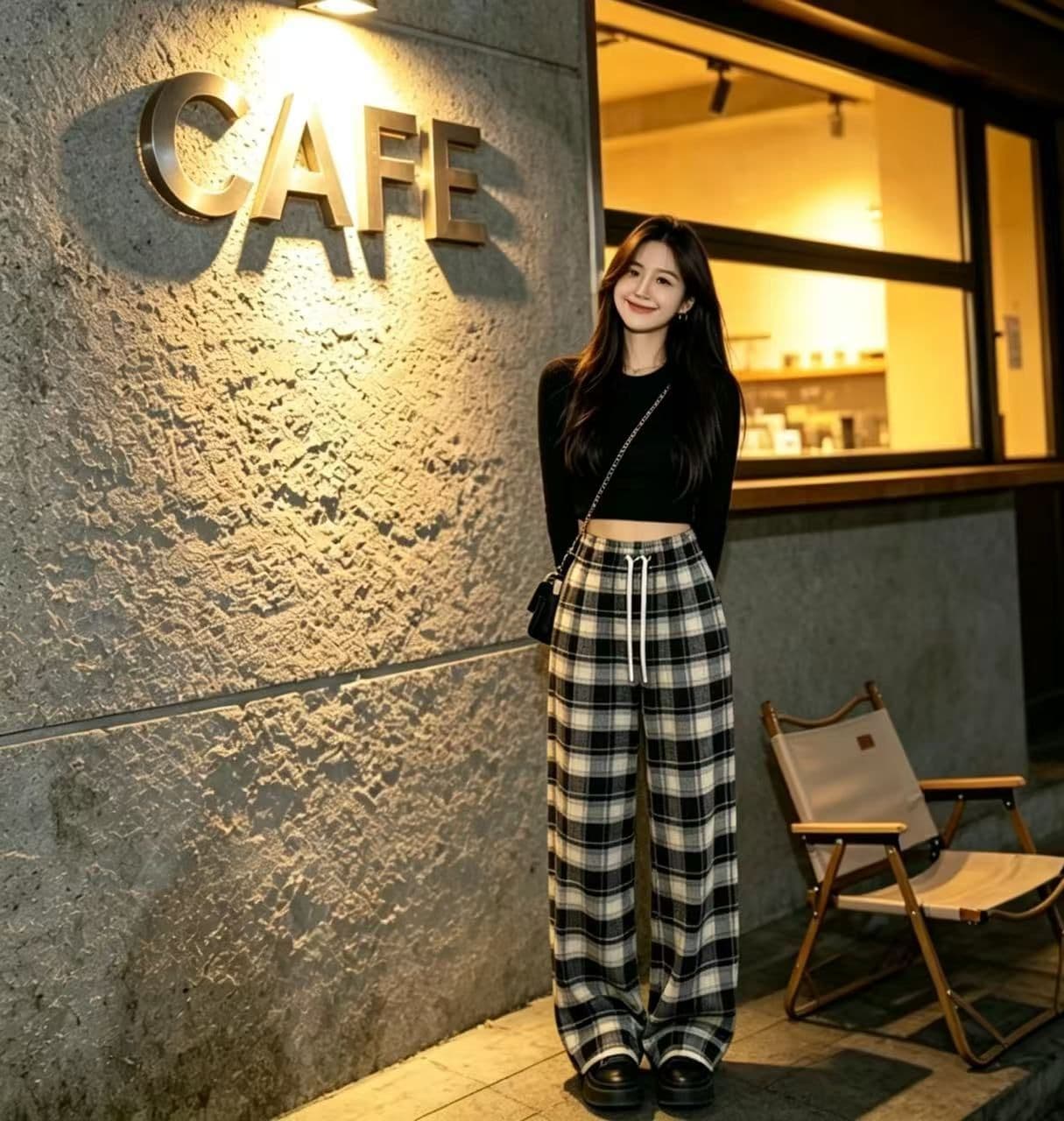 봄 가을 레트로 체크무늬 배색 털 니켈 펌프 로프 캐주얼 바지 여성 한국 스타일 루즈핏 넓은 다리 작은 키 슬림해 보이는 바닥 청소 바지 상세 이미지 3
