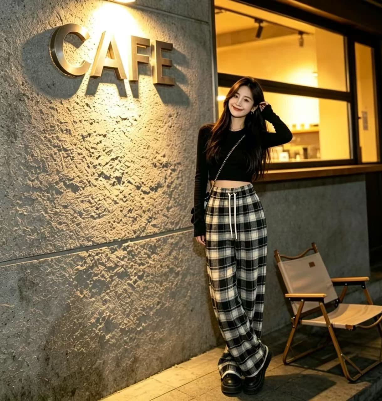 봄 가을 레트로 체크무늬 배색 털 니켈 펌프 로프 캐주얼 바지 여성 한국 스타일 루즈핏 넓은 다리 작은 키 슬림해 보이는 바닥 청소 바지 상세 이미지 4