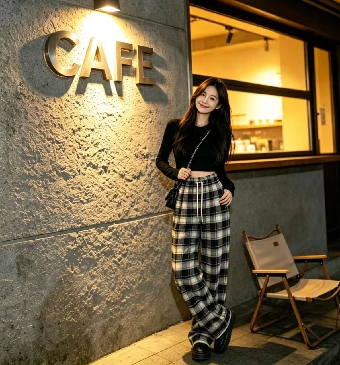 봄 가을 레트로 체크무늬 배색 털 니켈 펌프 로프 캐주얼 바지 여성 한국 스타일 루즈핏 넓은 다리 작은 키 슬림해 보이는 바닥 청소 바지 상세 이미지 5