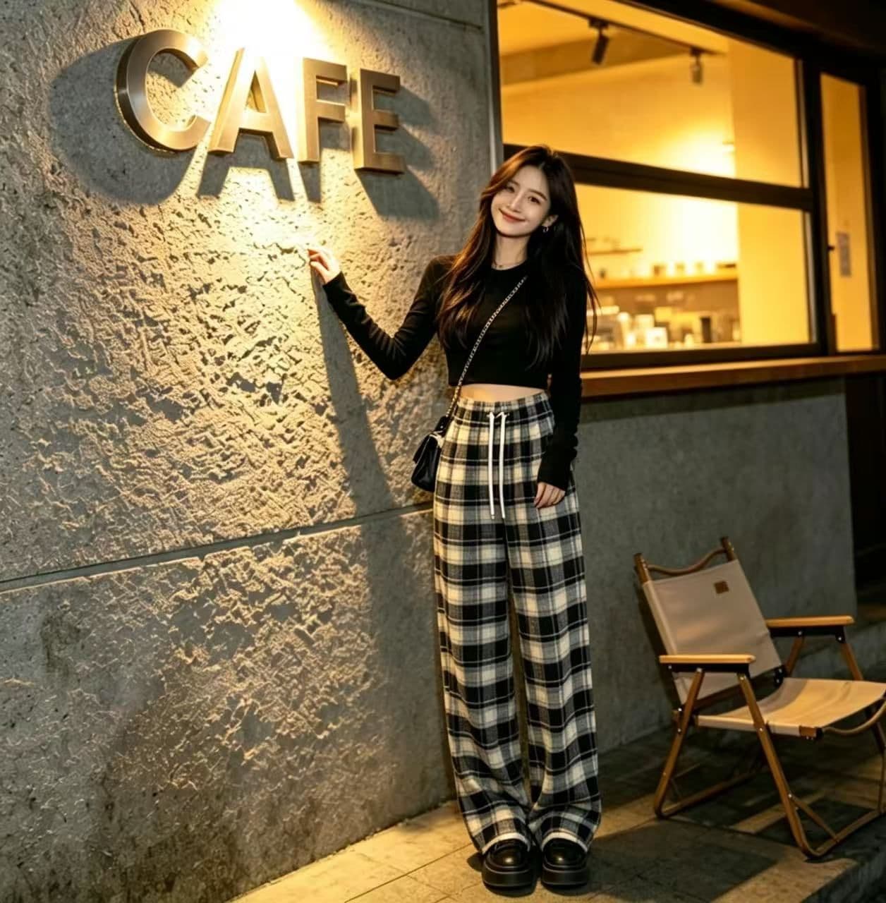 봄 가을 레트로 체크무늬 배색 털 니켈 펌프 로프 캐주얼 바지 여성 한국 스타일 루즈핏 넓은 다리 작은 키 슬림해 보이는 바닥 청소 바지 상세 이미지 6