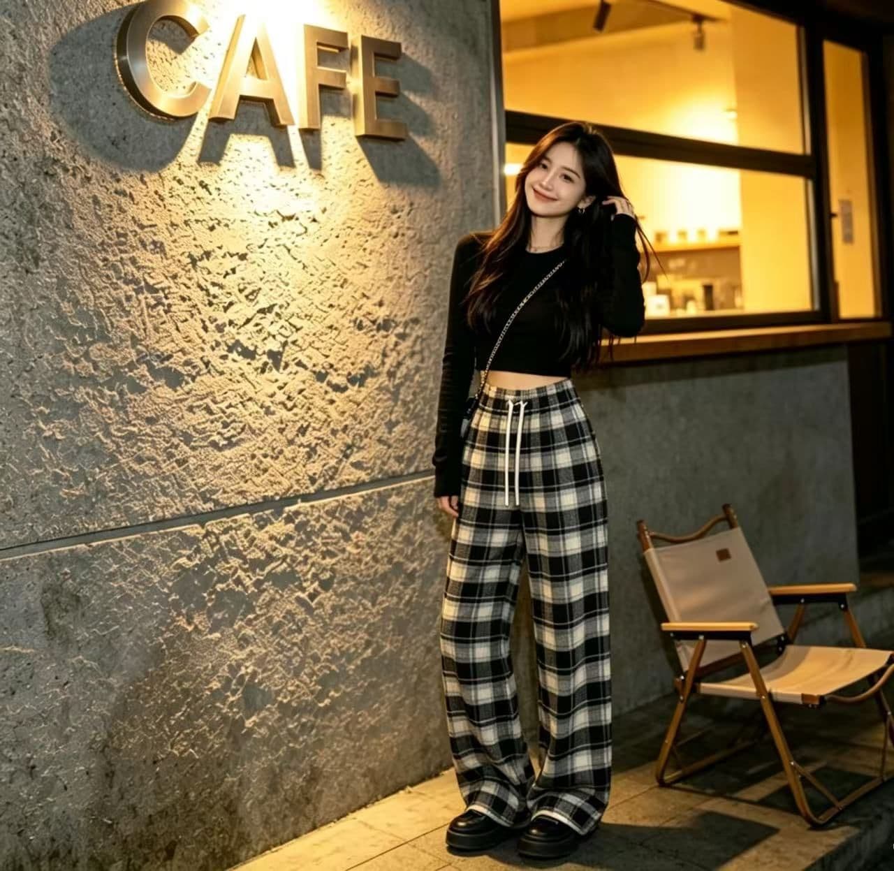 봄 가을 레트로 체크무늬 배색 털 니켈 펌프 로프 캐주얼 바지 여성 한국 스타일 루즈핏 넓은 다리 작은 키 슬림해 보이는 바닥 청소 바지 상세 이미지 7