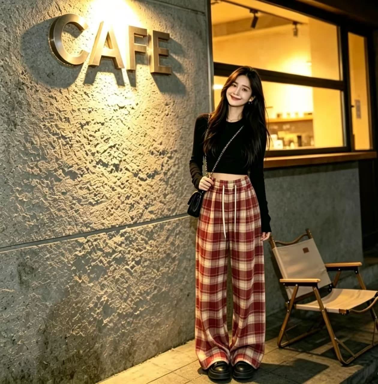 봄 가을 레트로 체크무늬 배색 털 니켈 펌프 로프 캐주얼 바지 여성 한국 스타일 루즈핏 넓은 다리 작은 키 슬림해 보이는 바닥 청소 바지 상세 이미지 8