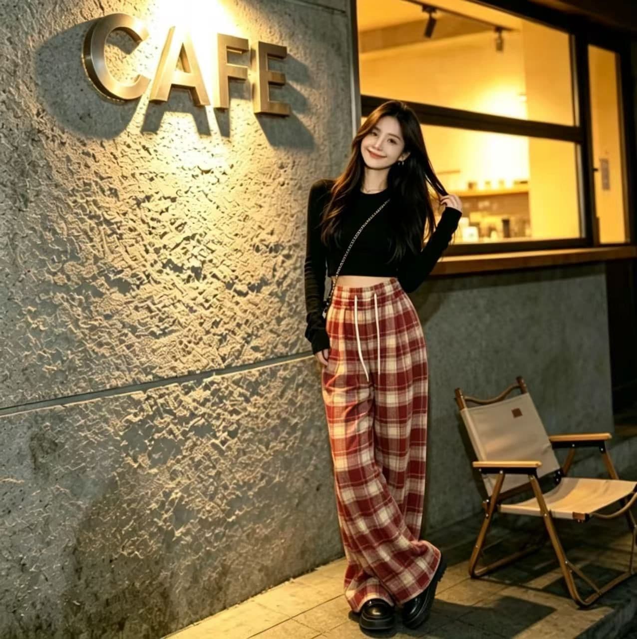 봄 가을 레트로 체크무늬 배색 털 니켈 펌프 로프 캐주얼 바지 여성 한국 스타일 루즈핏 넓은 다리 작은 키 슬림해 보이는 바닥 청소 바지 상세 이미지 9