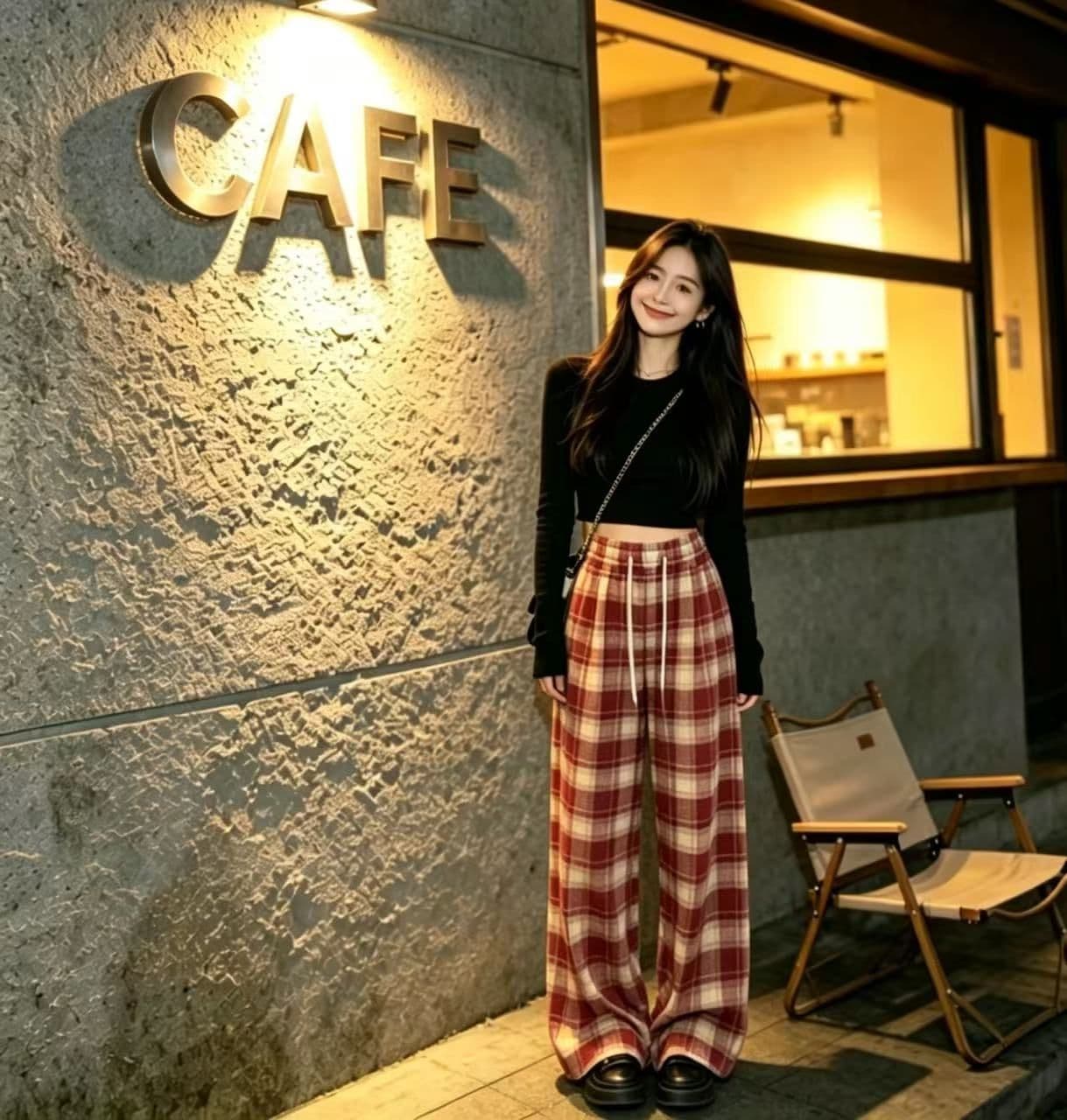 봄 가을 레트로 체크무늬 배색 털 니켈 펌프 로프 캐주얼 바지 여성 한국 스타일 루즈핏 넓은 다리 작은 키 슬림해 보이는 바닥 청소 바지 상세 이미지 10